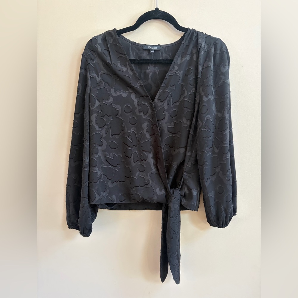 Madewell Black Floral Jacquard Side-Tie Long Sleeve Boho Wrap Shirt Top Blouse